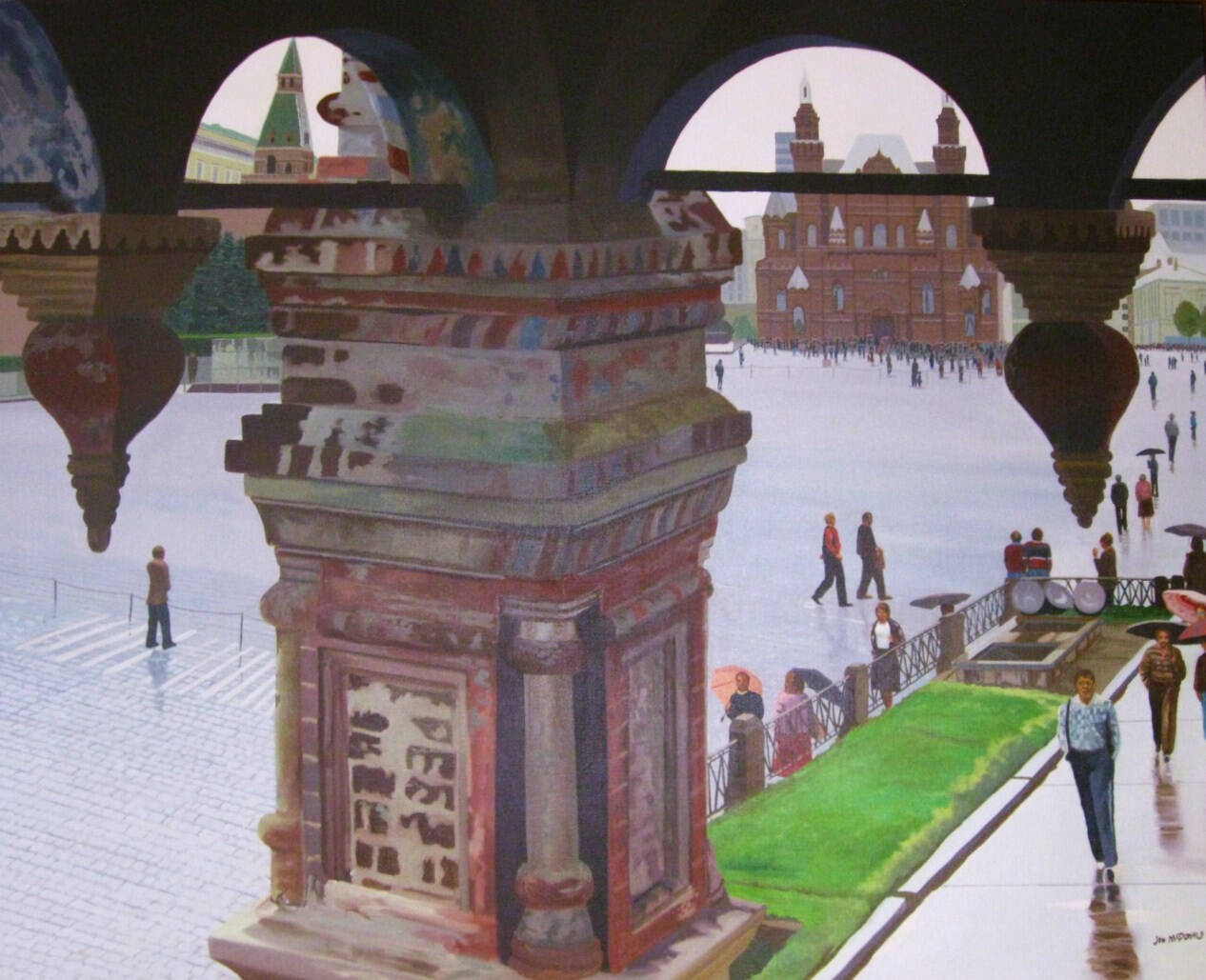 Painting of large pillar looking out over mall or square.